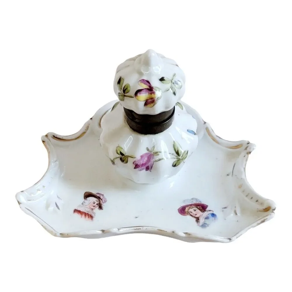 Vtg Hand Painted Porcelain Ink Well and Dish 5